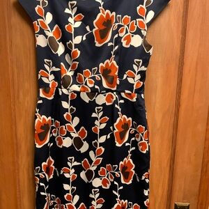 Banana Republic Floral Midi Dress in Navy with black, orange flower-print